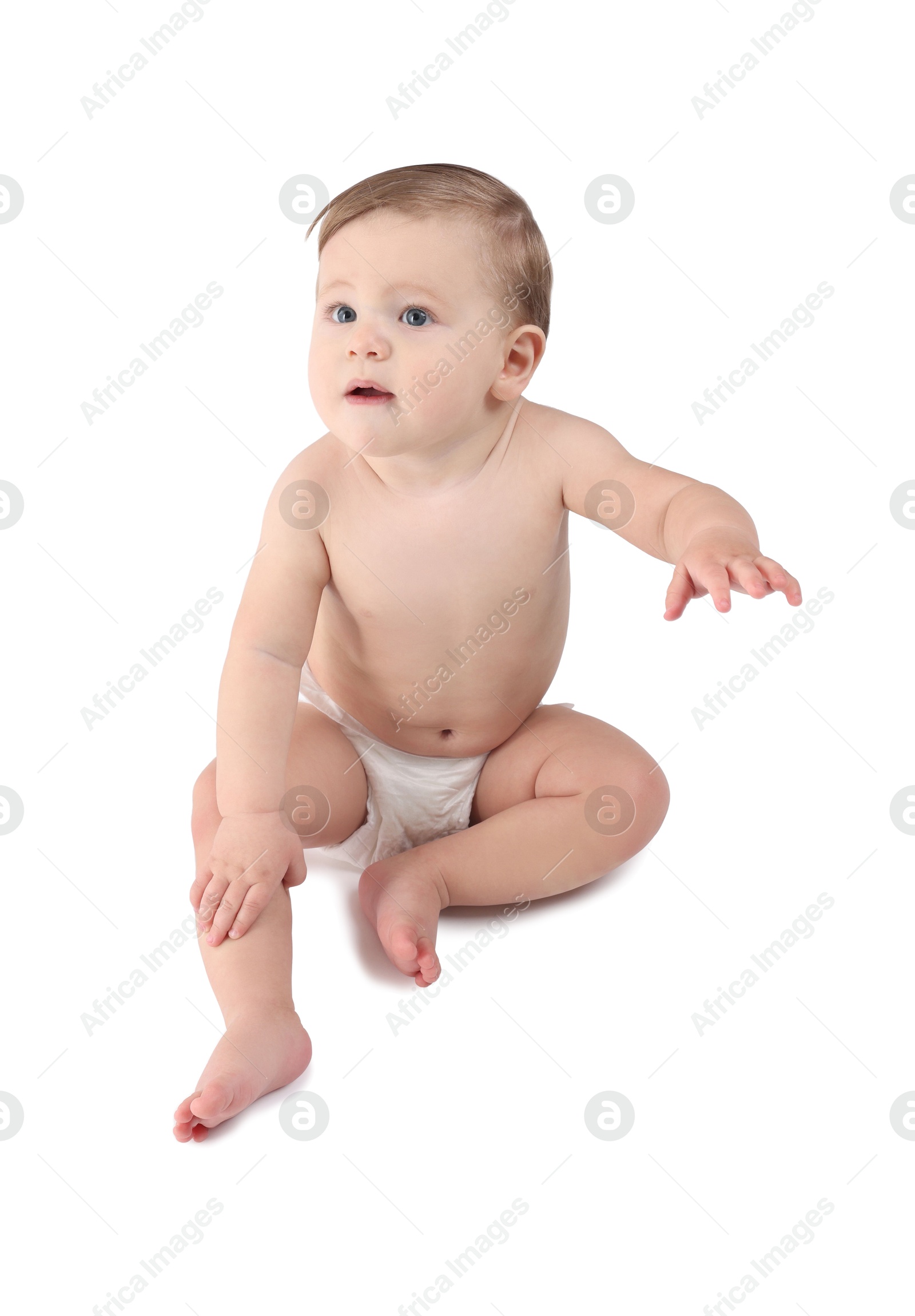 Photo of Cute little baby in diaper on white background