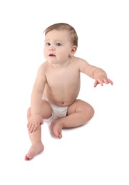 Photo of Cute little baby in diaper on white background