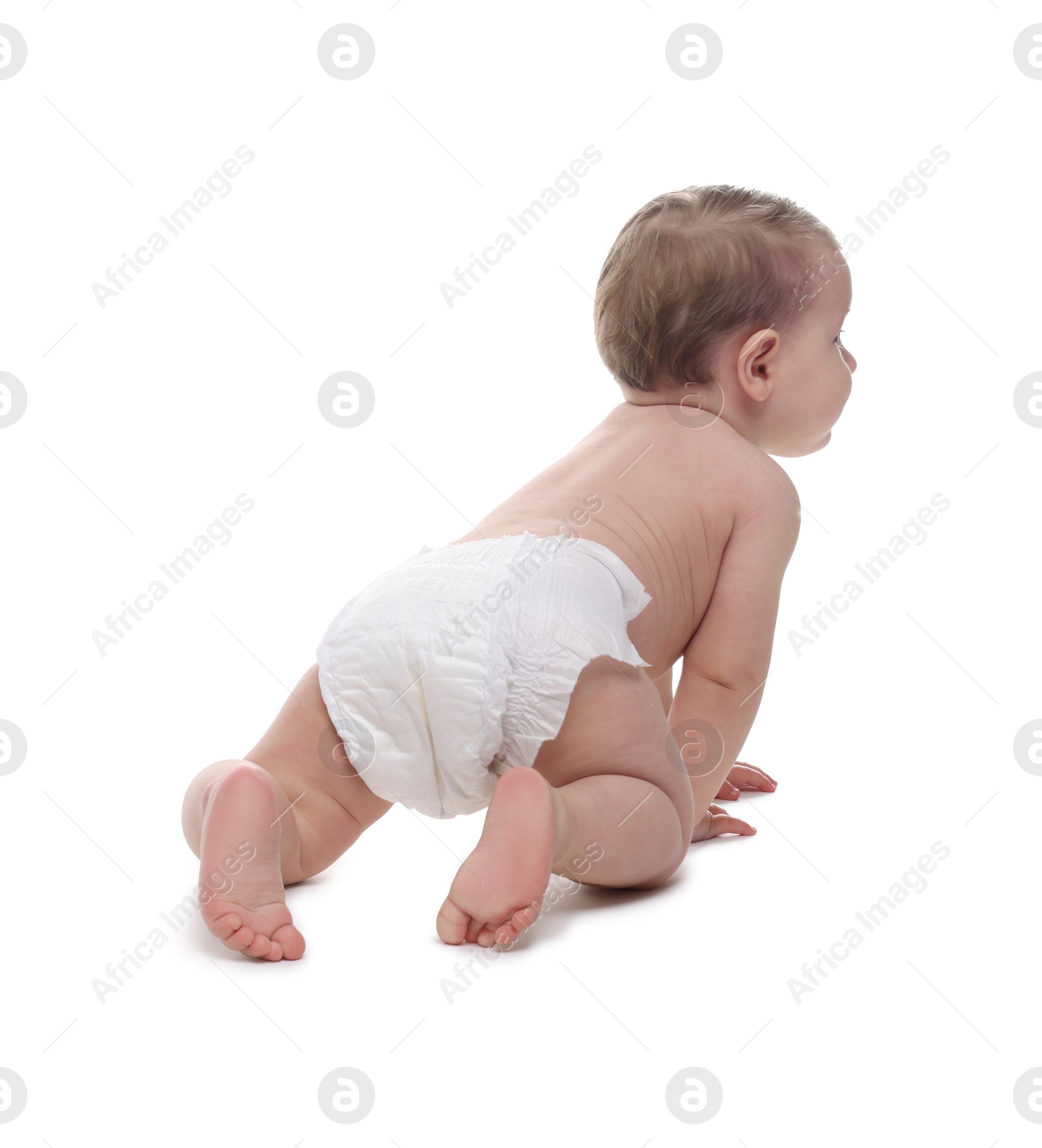 Photo of Cute little baby in diaper on white background