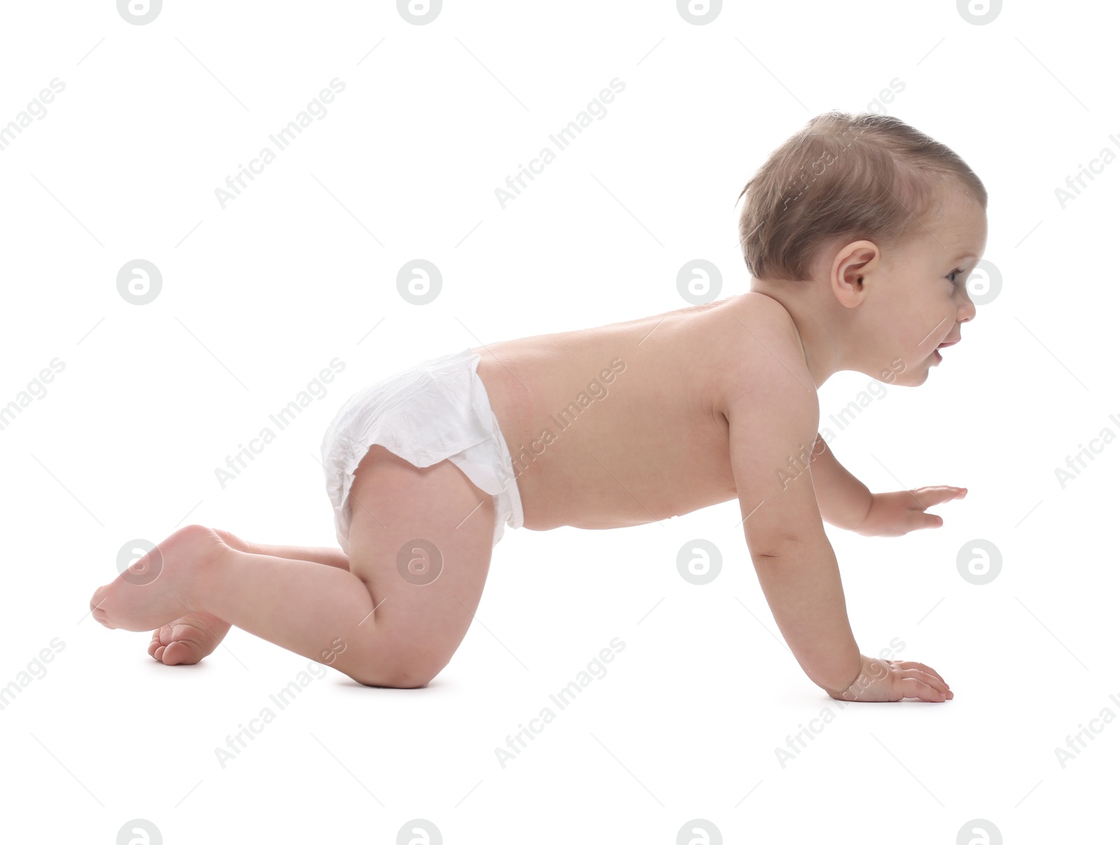 Photo of Cute little baby in diaper on white background