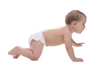 Photo of Cute little baby in diaper on white background