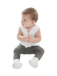 Photo of Cute little baby sitting on white background