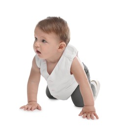 Photo of Cute little baby crawling on white background