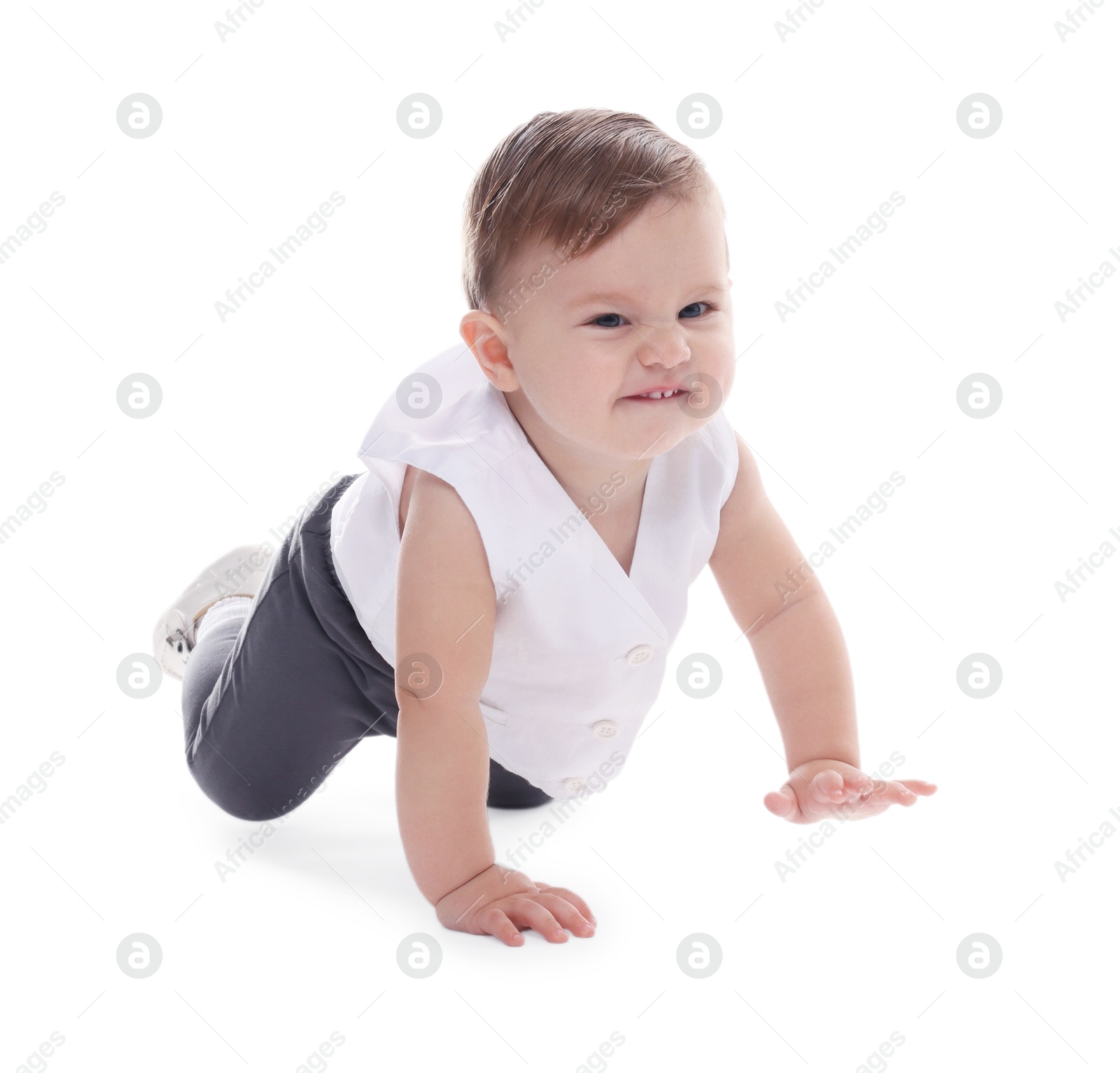 Photo of Cute little baby crawling on white background