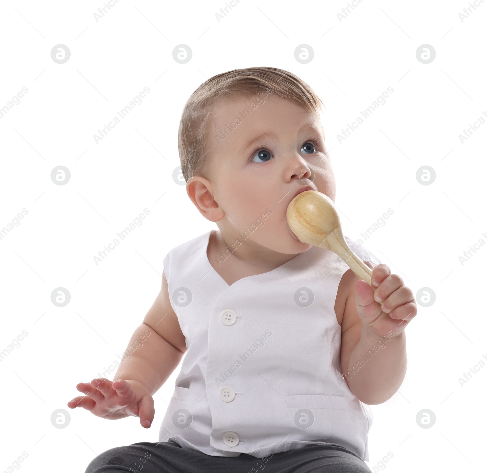 Photo of Cute little baby with toy on white background