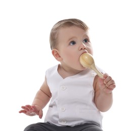 Photo of Cute little baby with toy on white background