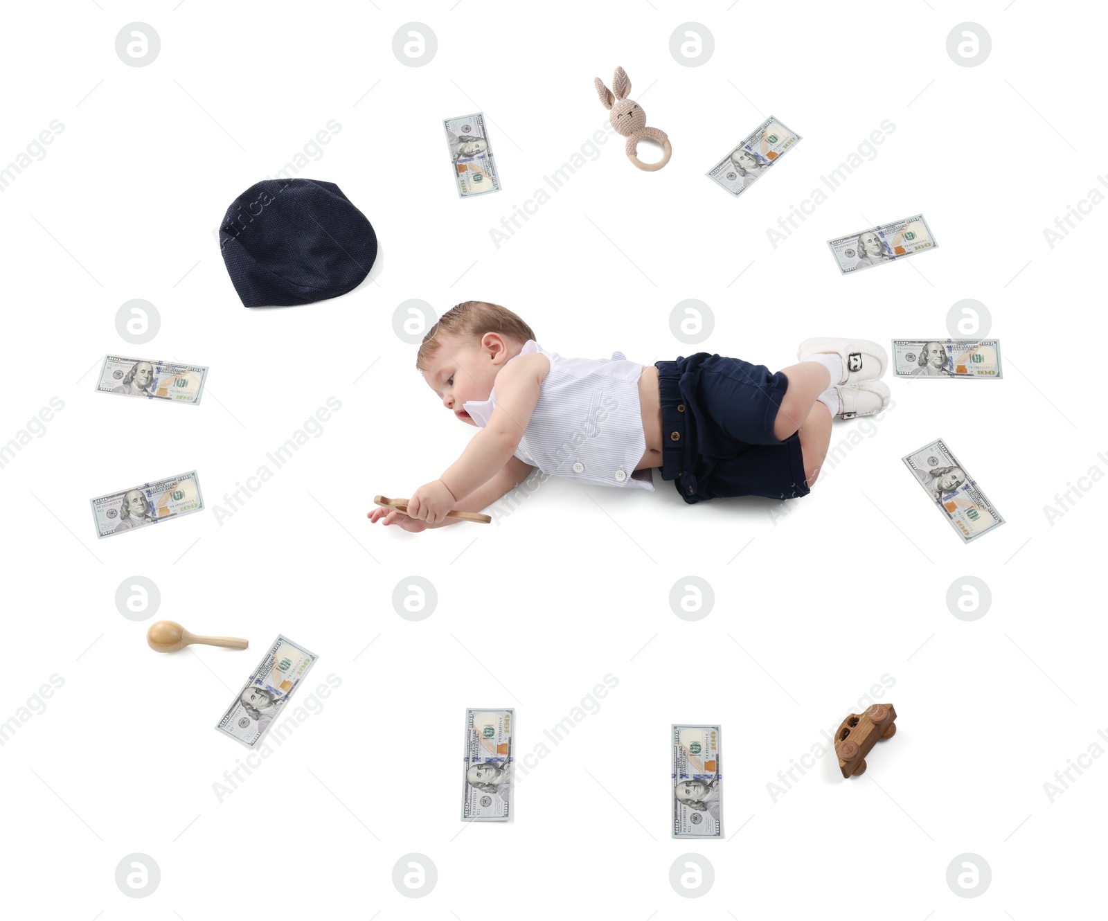 Photo of Little baby, money and toys on white background, top view