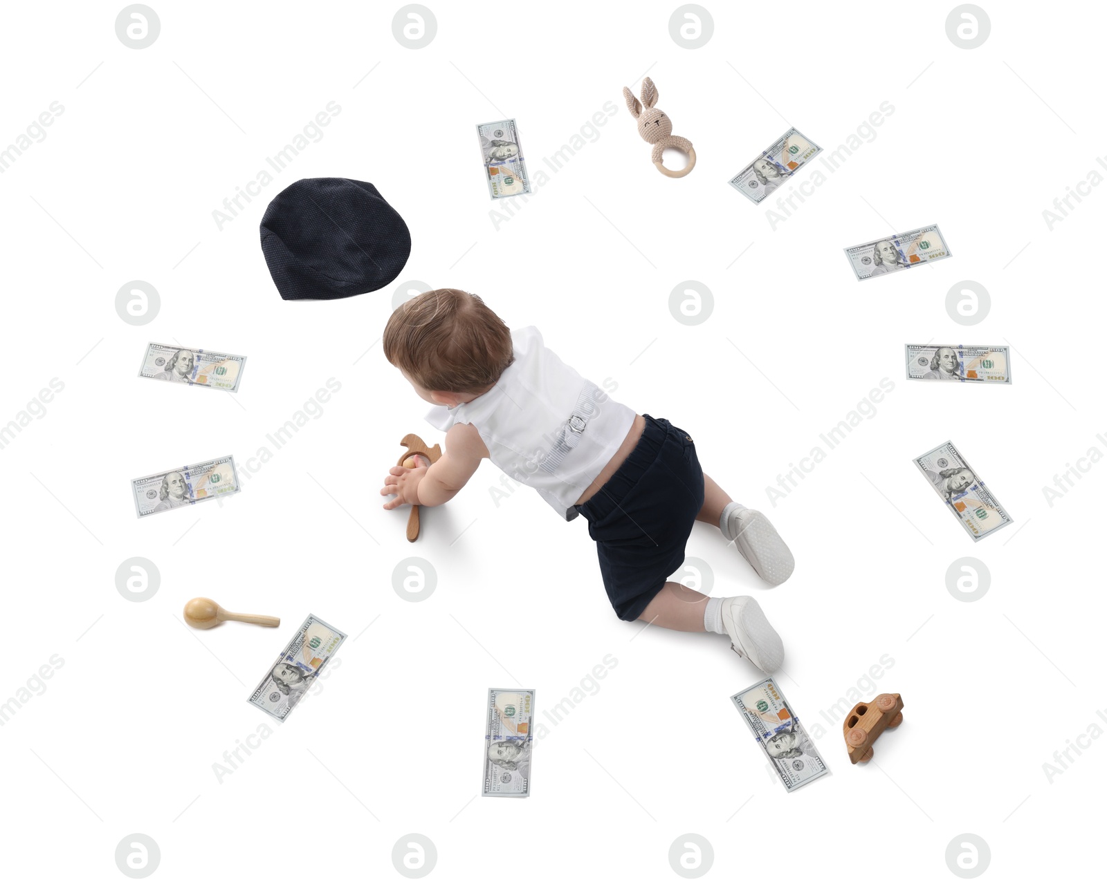 Photo of Little baby, money and toys on white background, above view