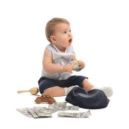 Photo of Little baby with money on white background