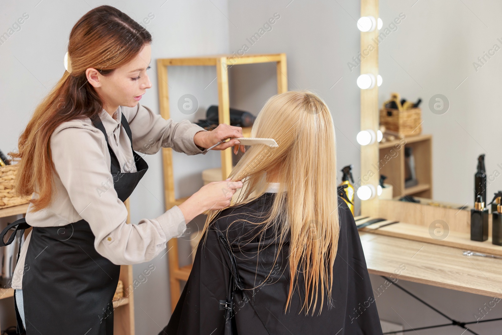 Photo of Hair cutting. Professional hairdresser working with client in salon