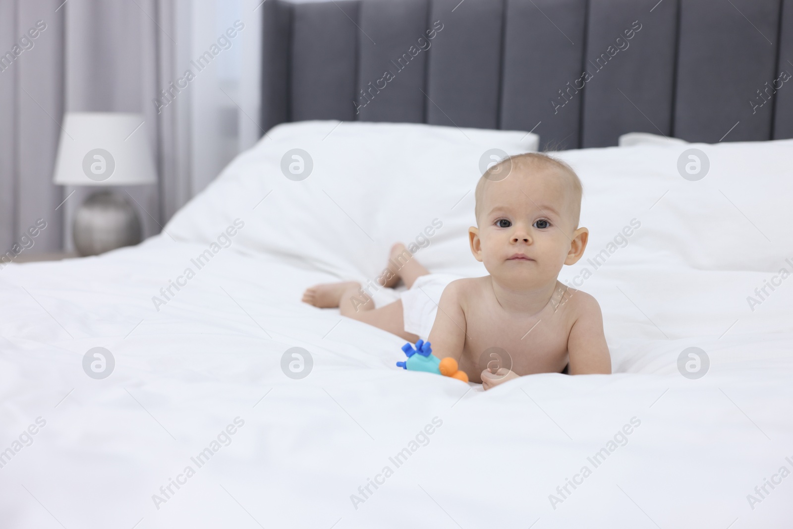 Photo of Cute little baby with rattle on bed indoors, space for text