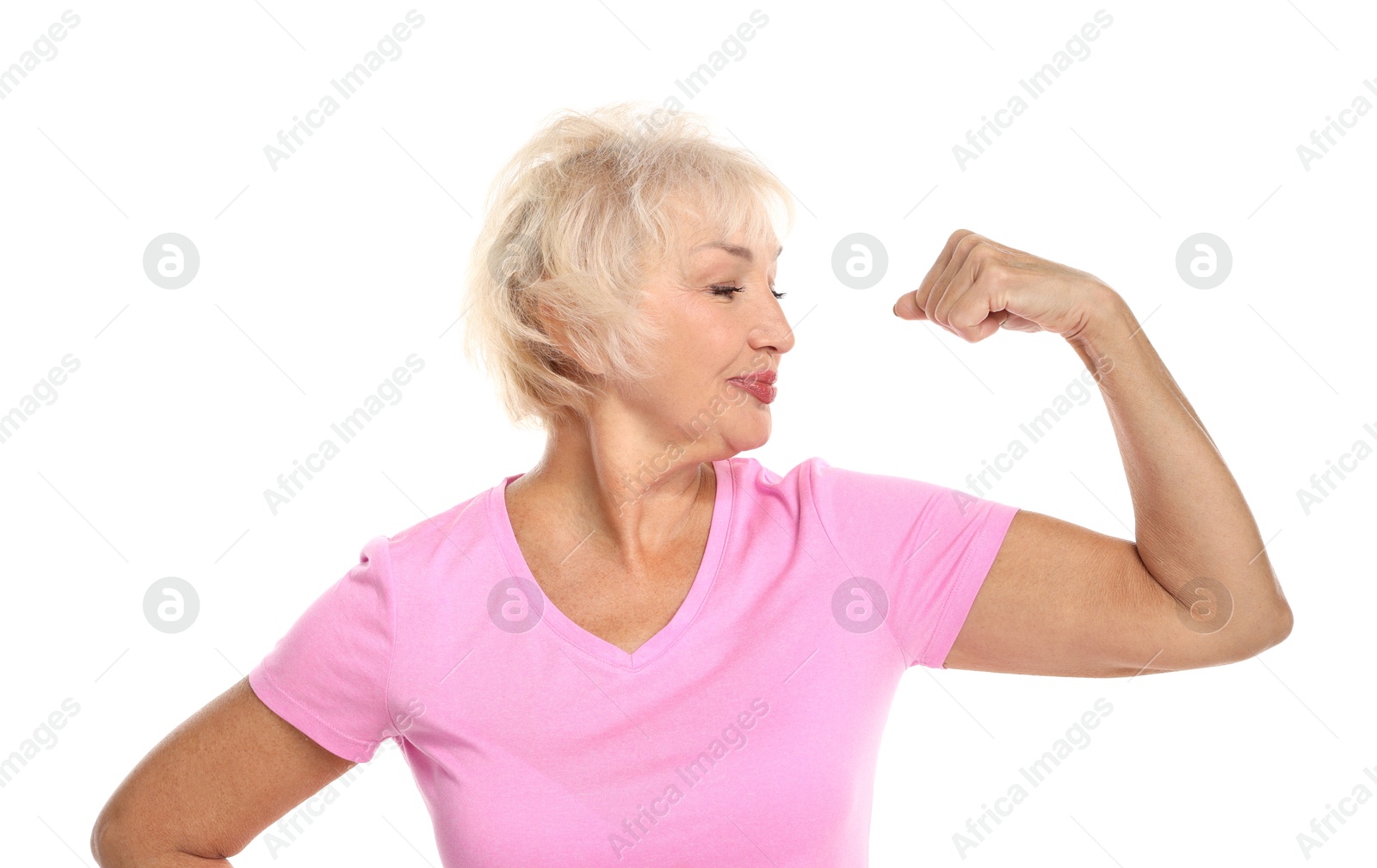 Photo of Senior woman exercising on white background. Healthy lifestyle