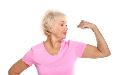 Photo of Senior woman exercising on white background. Healthy lifestyle