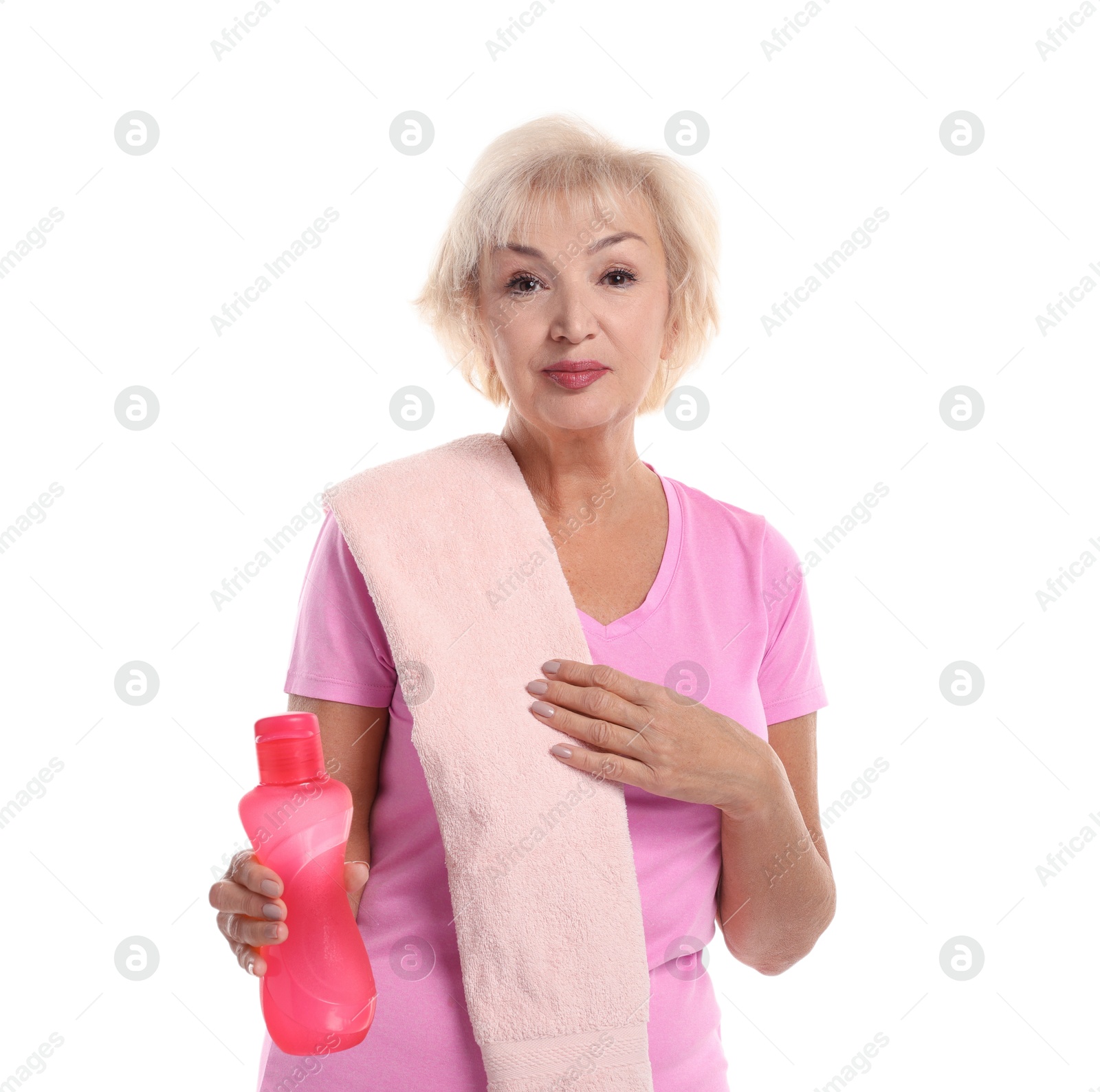 Photo of Senior woman with towel and water on white background