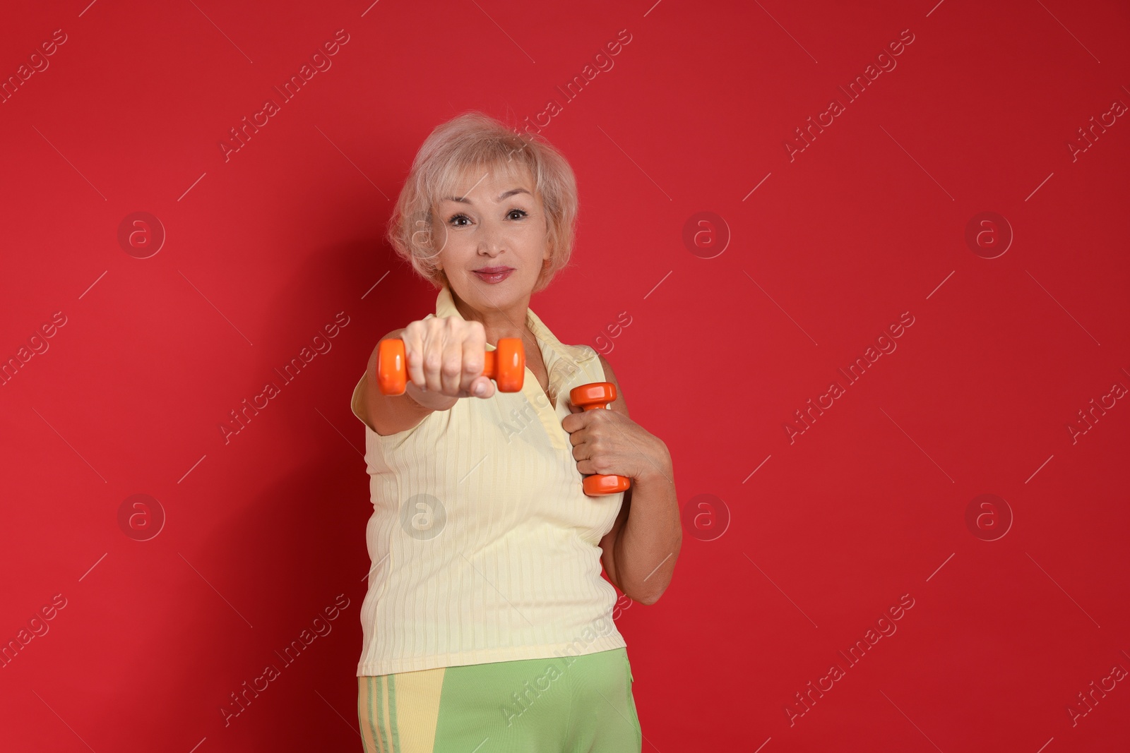 Photo of Senior woman exercising with dumbbells on red background, space for text