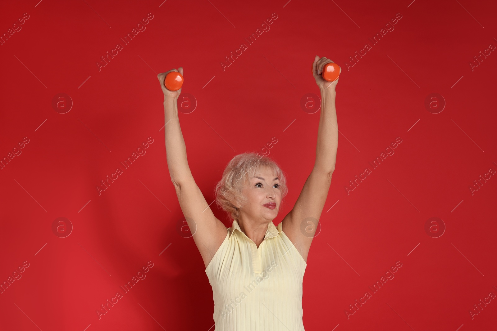 Photo of Senior woman exercising with dumbbells on red background