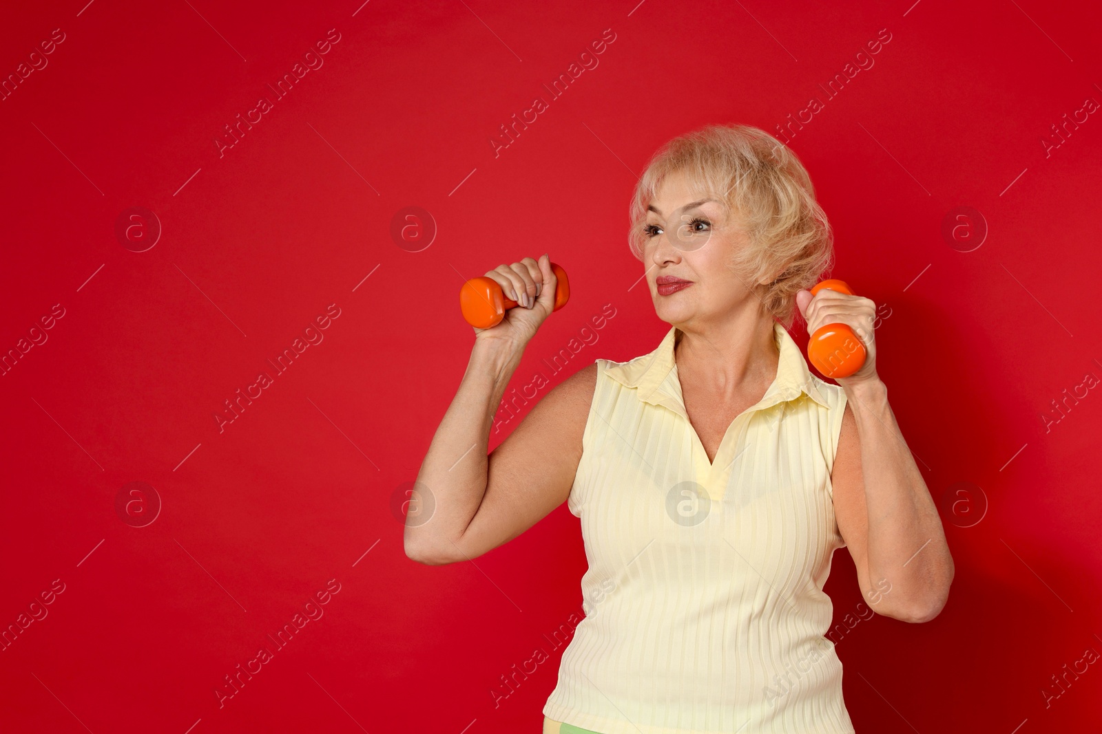 Photo of Senior woman exercising with dumbbells on red background, space for text