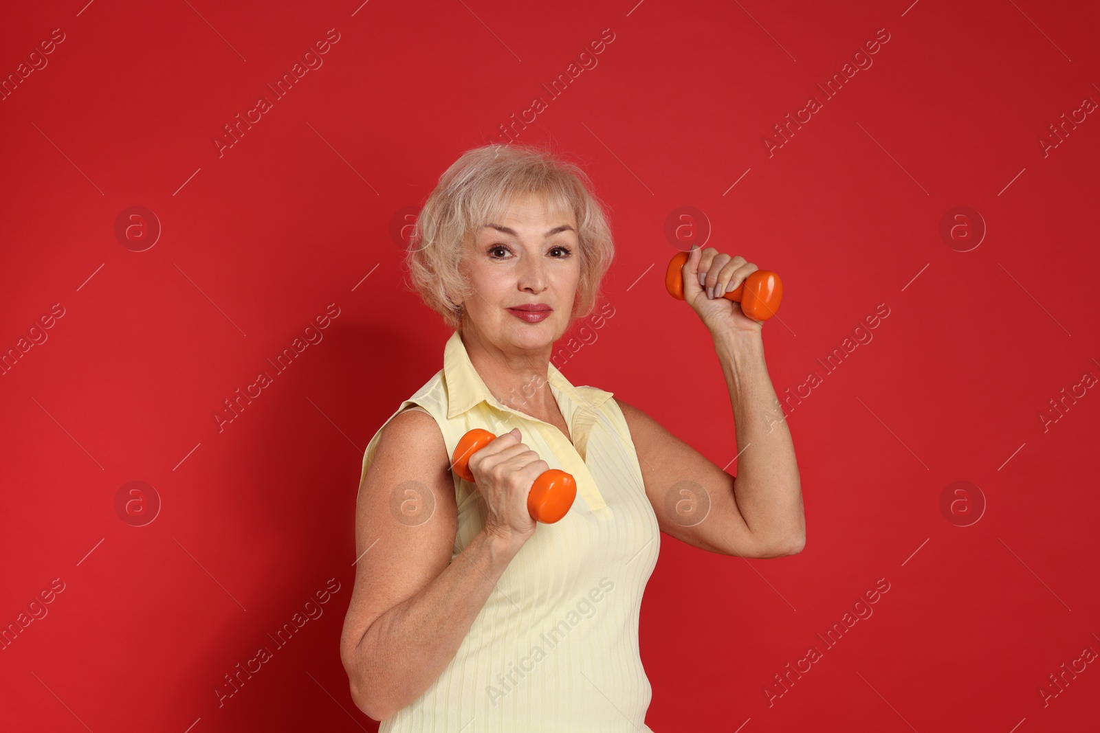 Photo of Senior woman exercising with dumbbells on red background