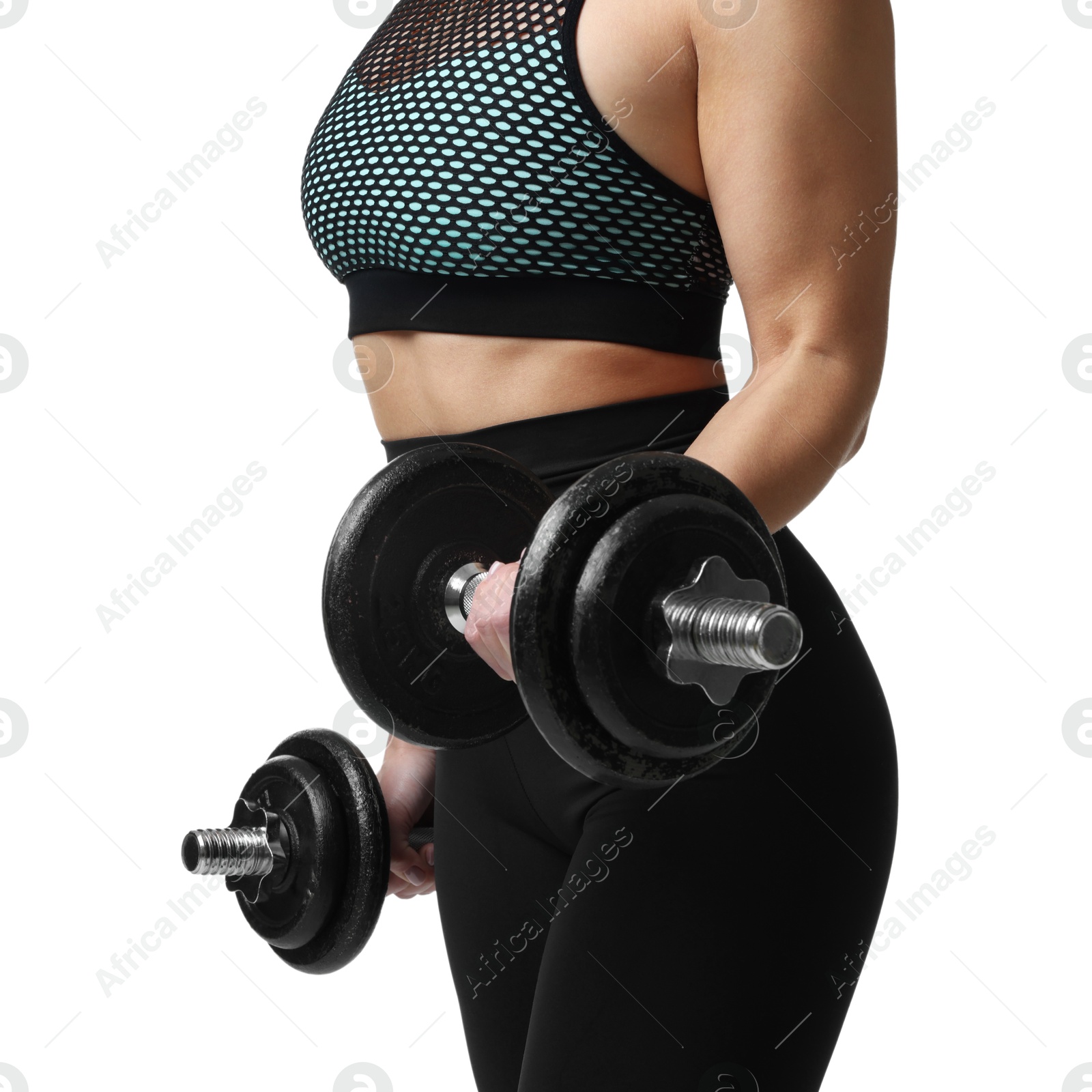 Photo of Woman in sportswear training with barbells on white background, closeup