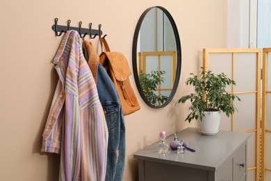 Photo of Coat rack with clothes, mirror, houseplant and chest of drawers in hallway. Interior design