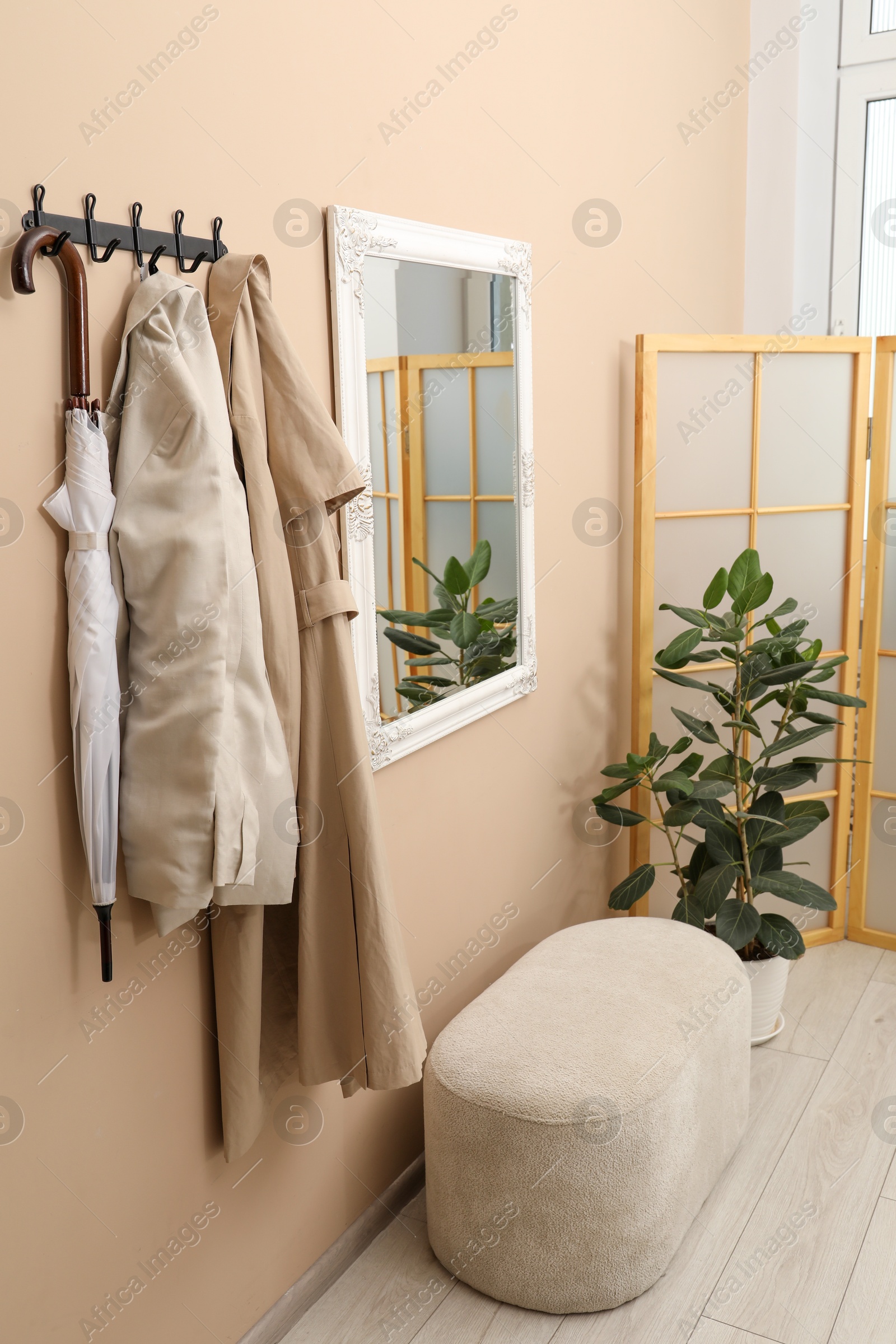 Photo of Coat rack with clothes, pouffe, houseplant and mirror in hallway. Interior design