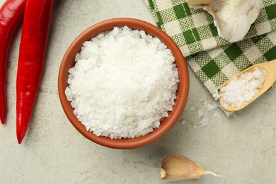 Photo of Sea salt in bowl, garlic and chili peppers on grey table, top view