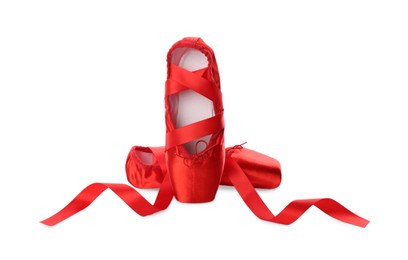 Photo of Pair of beautiful red pointe shoes isolated on white