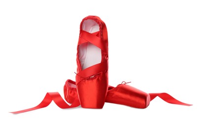 Photo of Pair of beautiful red pointe shoes isolated on white