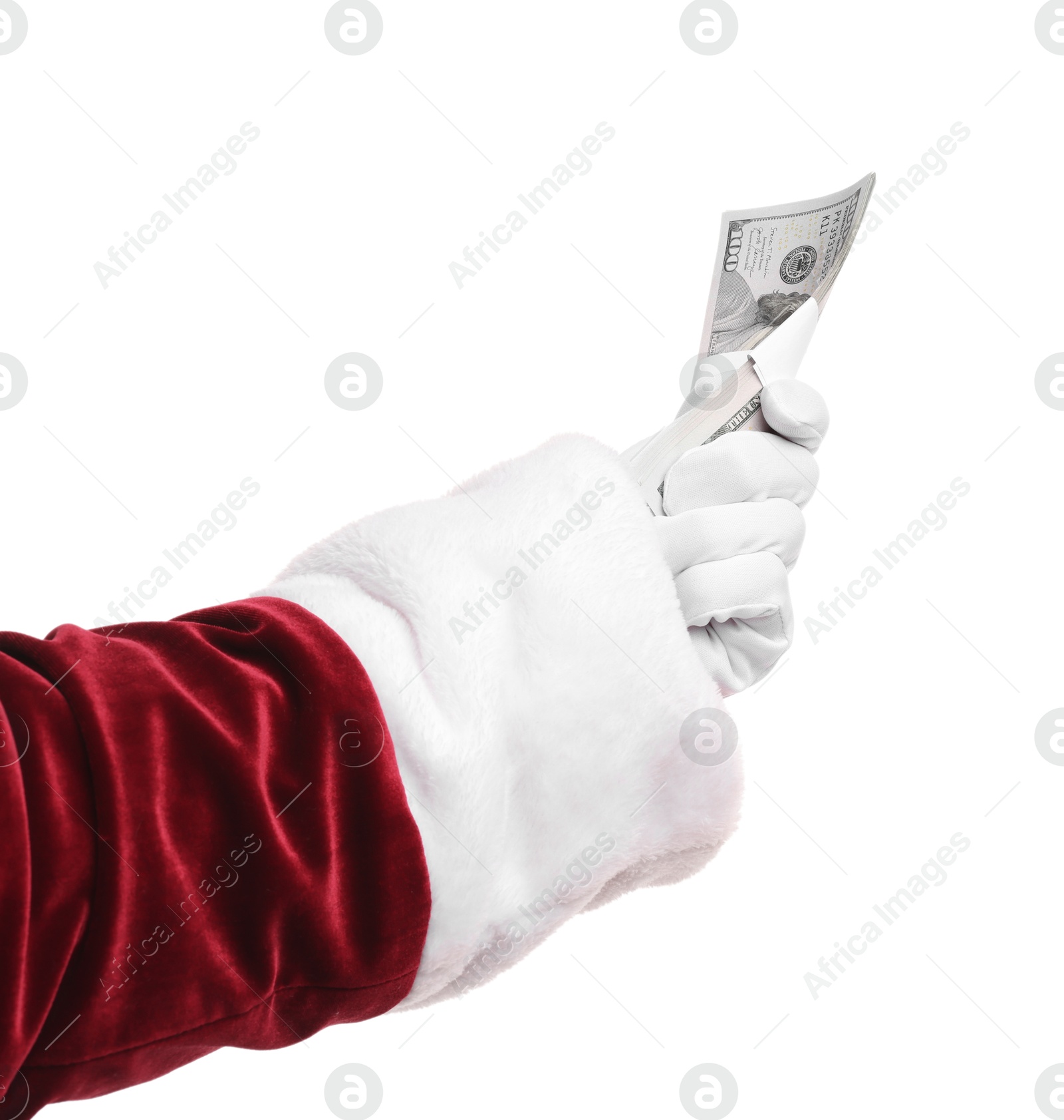 Photo of Santa Claus holding dollar banknotes on white background, closeup