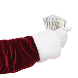 Photo of Santa Claus holding dollar banknotes on white background, closeup