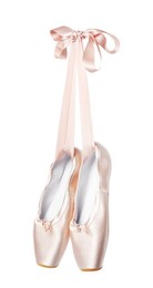 Photo of Pair of beautiful pointe shoes in air isolated on white