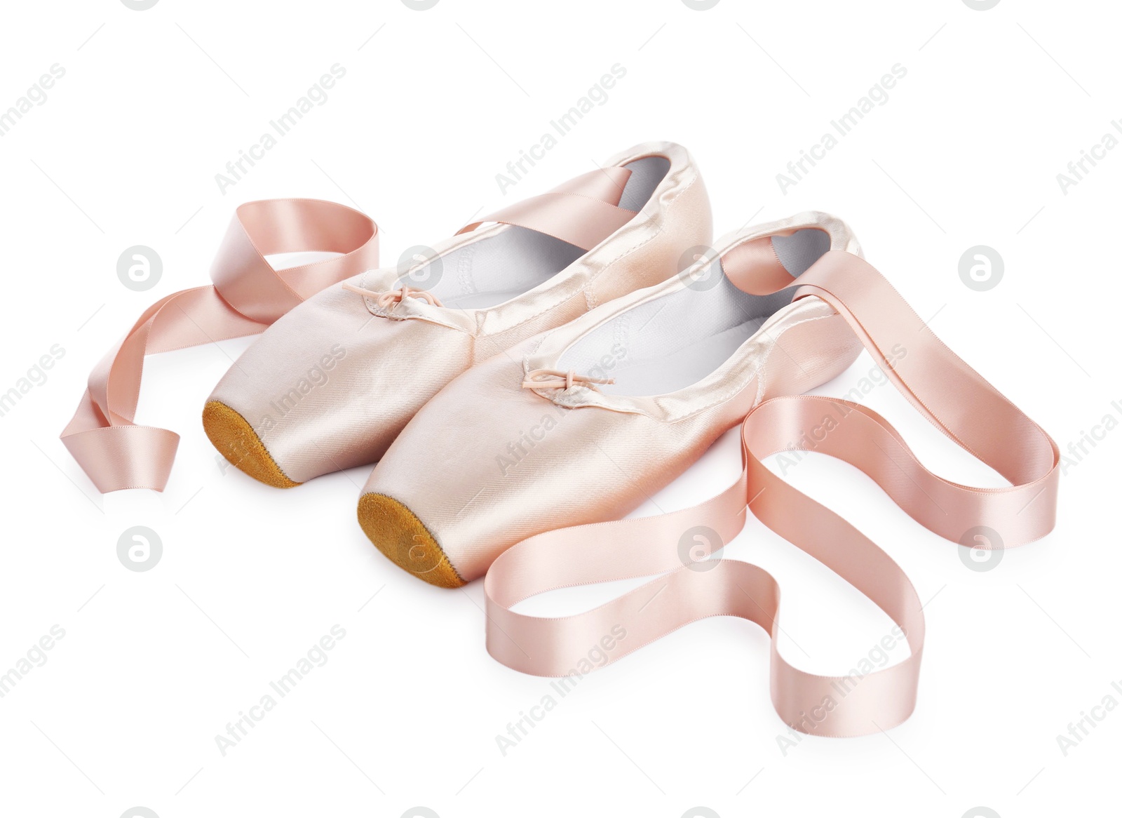 Photo of Pair of beautiful pointe shoes isolated on white