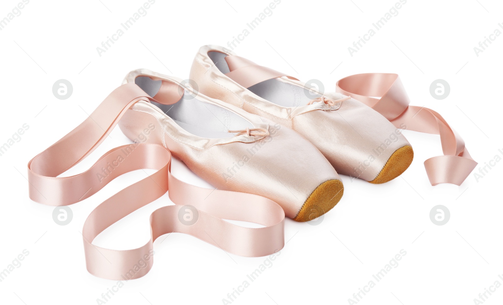 Photo of Pair of beautiful pointe shoes isolated on white