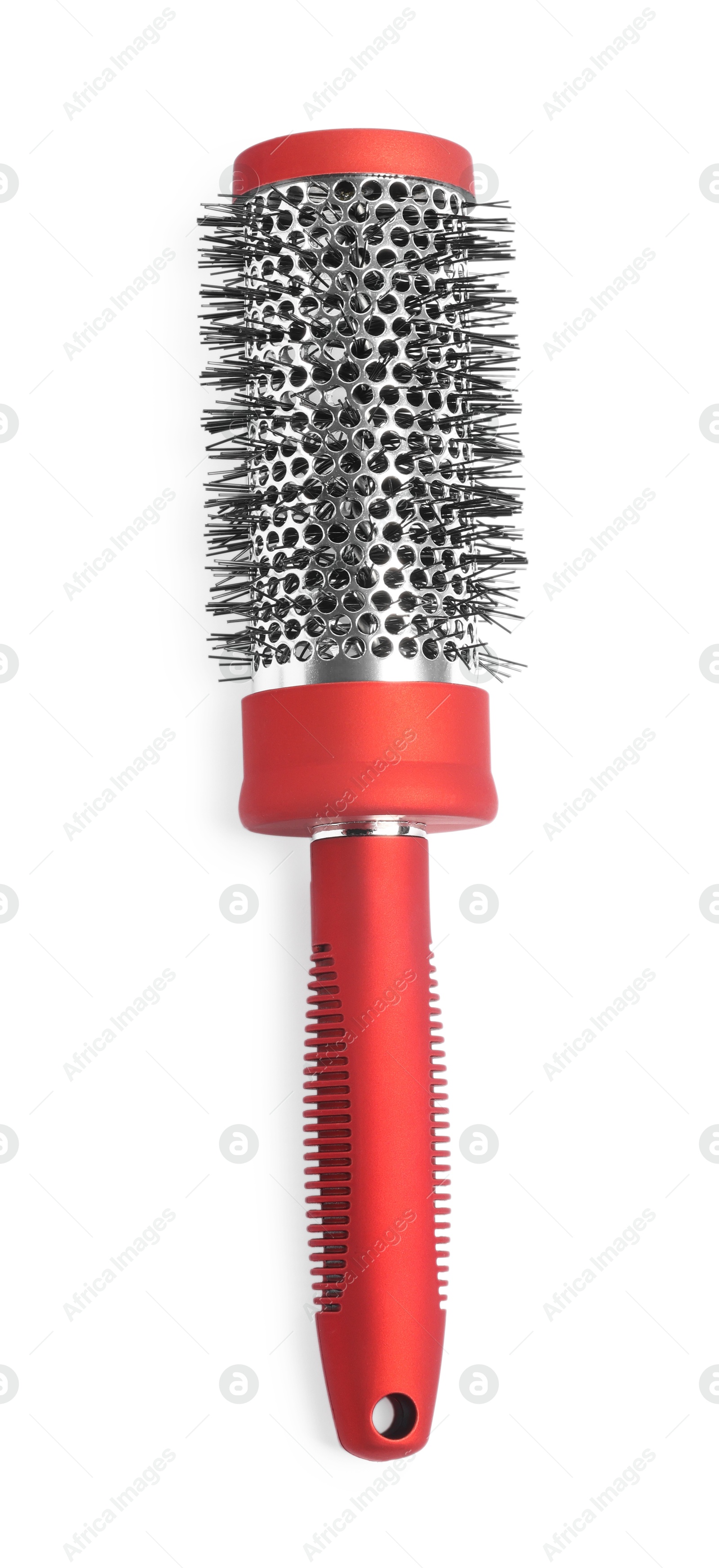 Photo of Hairdresser tool. Round brush isolated on white, top view