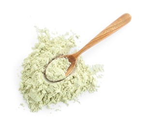 Photo of Spoon and dry wasabi powder isolated on white, top view