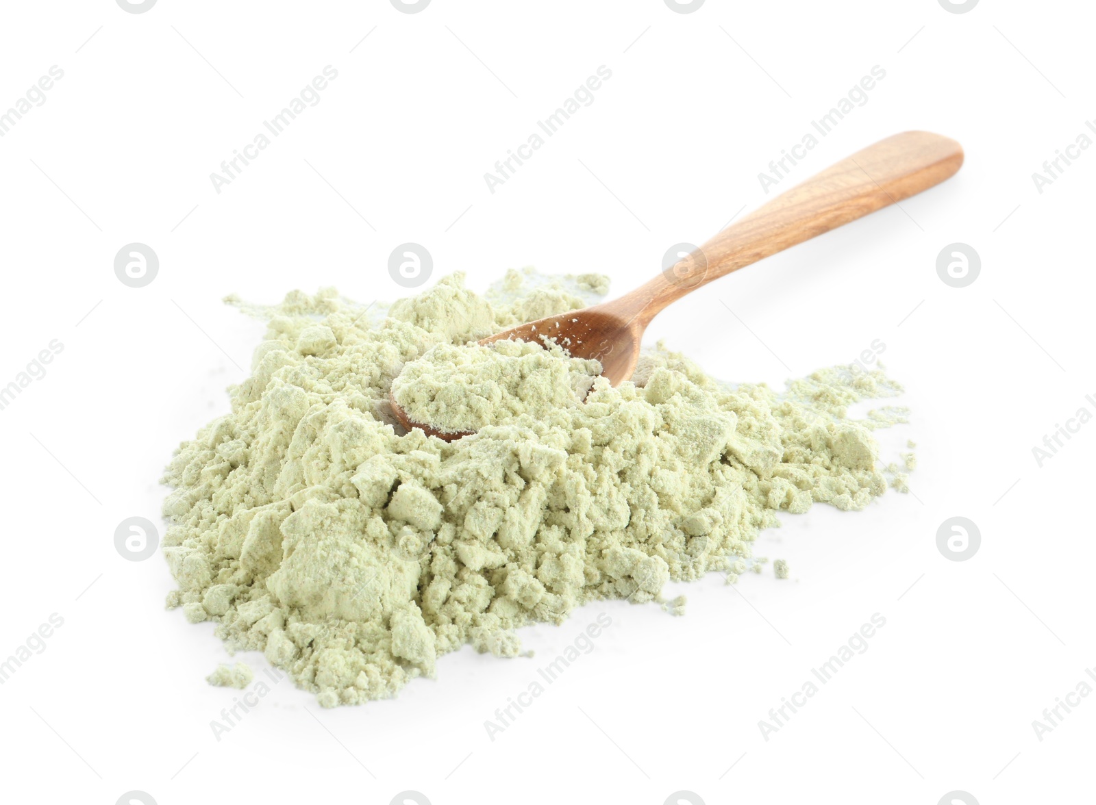 Photo of Spoon and dry wasabi powder isolated on white