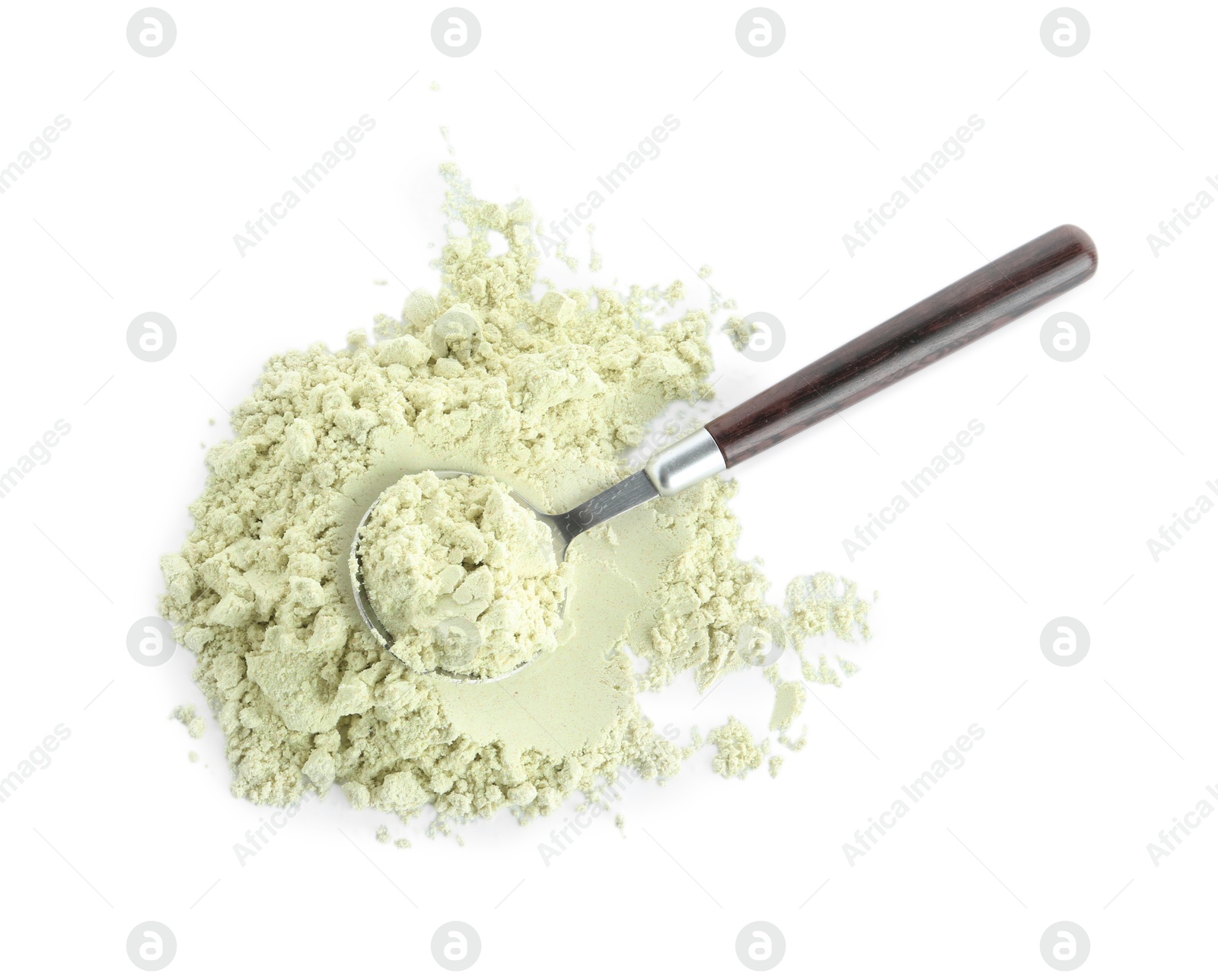 Photo of Spoon and dry wasabi powder isolated on white, top view