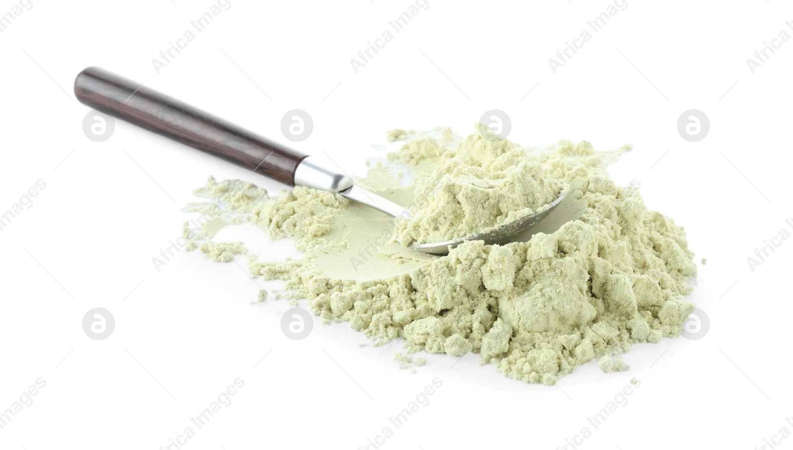 Photo of Spoon and dry wasabi powder isolated on white