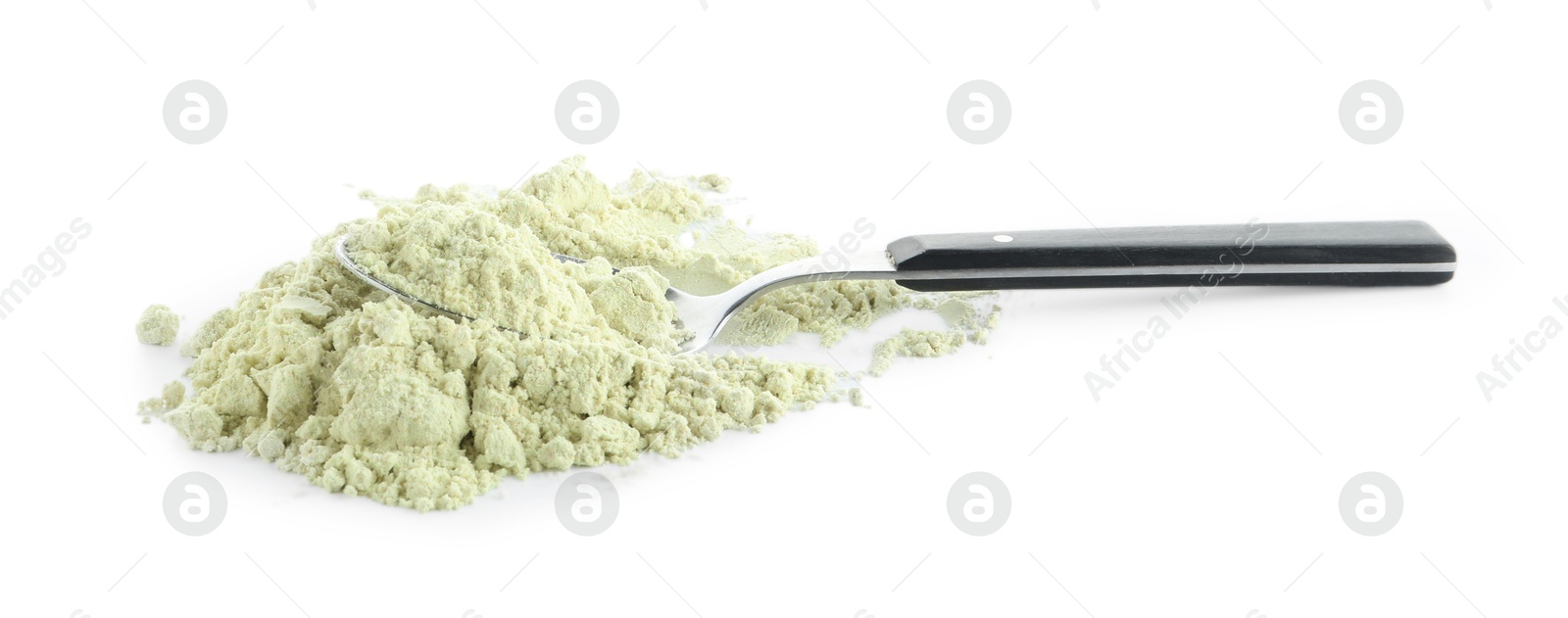 Photo of Spoon and dry wasabi powder isolated on white