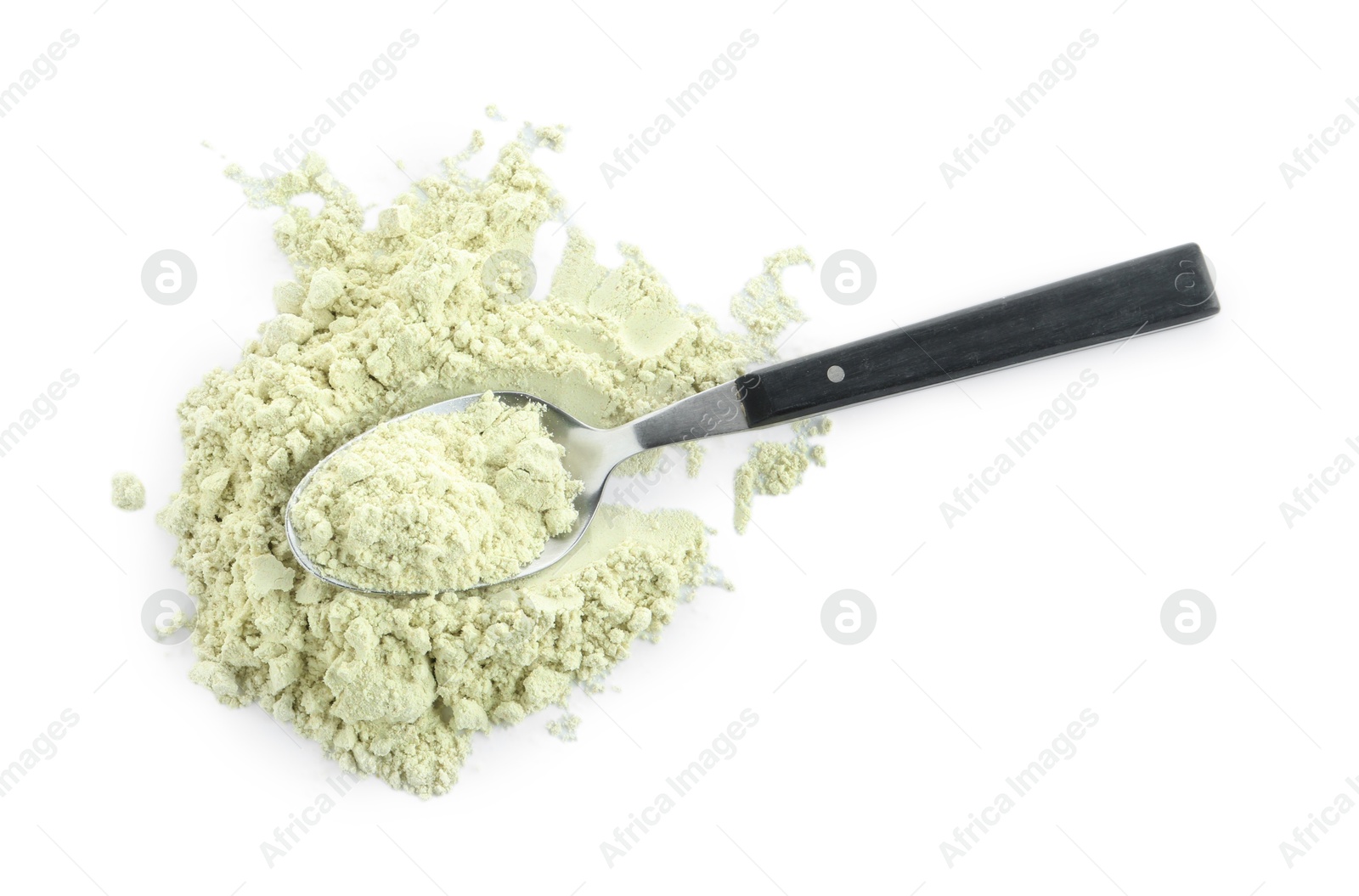 Photo of Spoon and dry wasabi powder isolated on white, top view