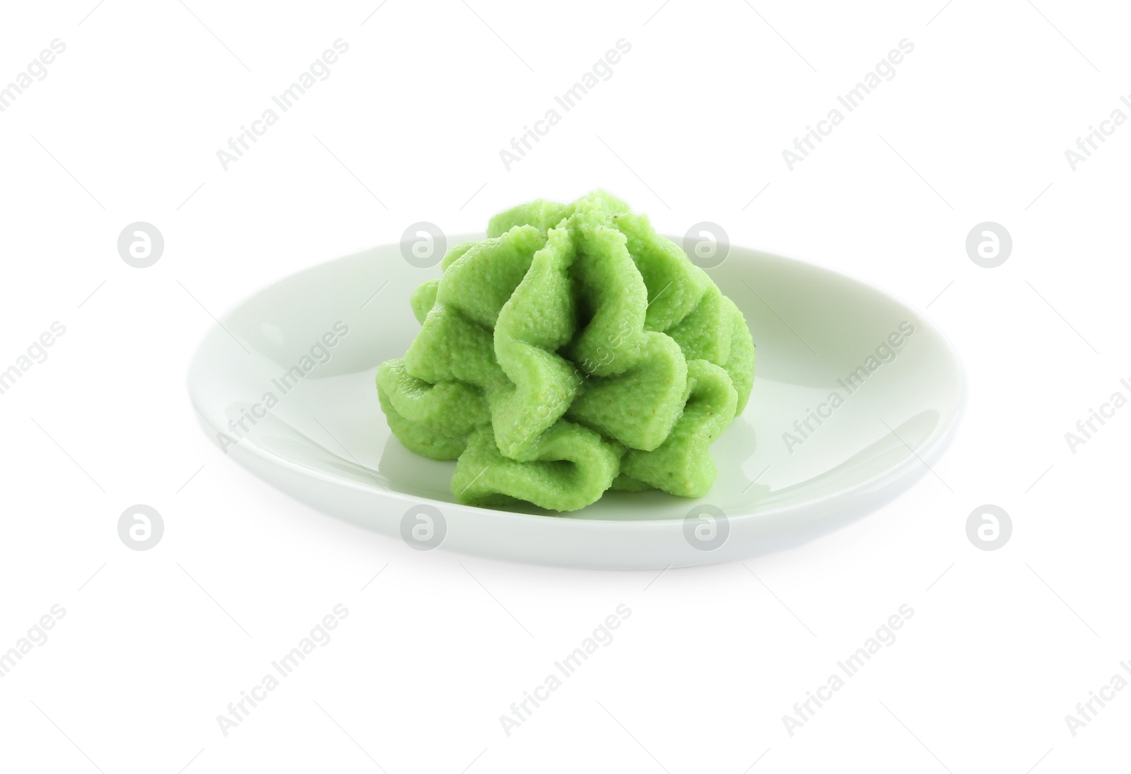 Photo of Wasabi paste isolated on white. Spicy condiment