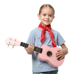 Photo of Little girl playing ukulele on white background