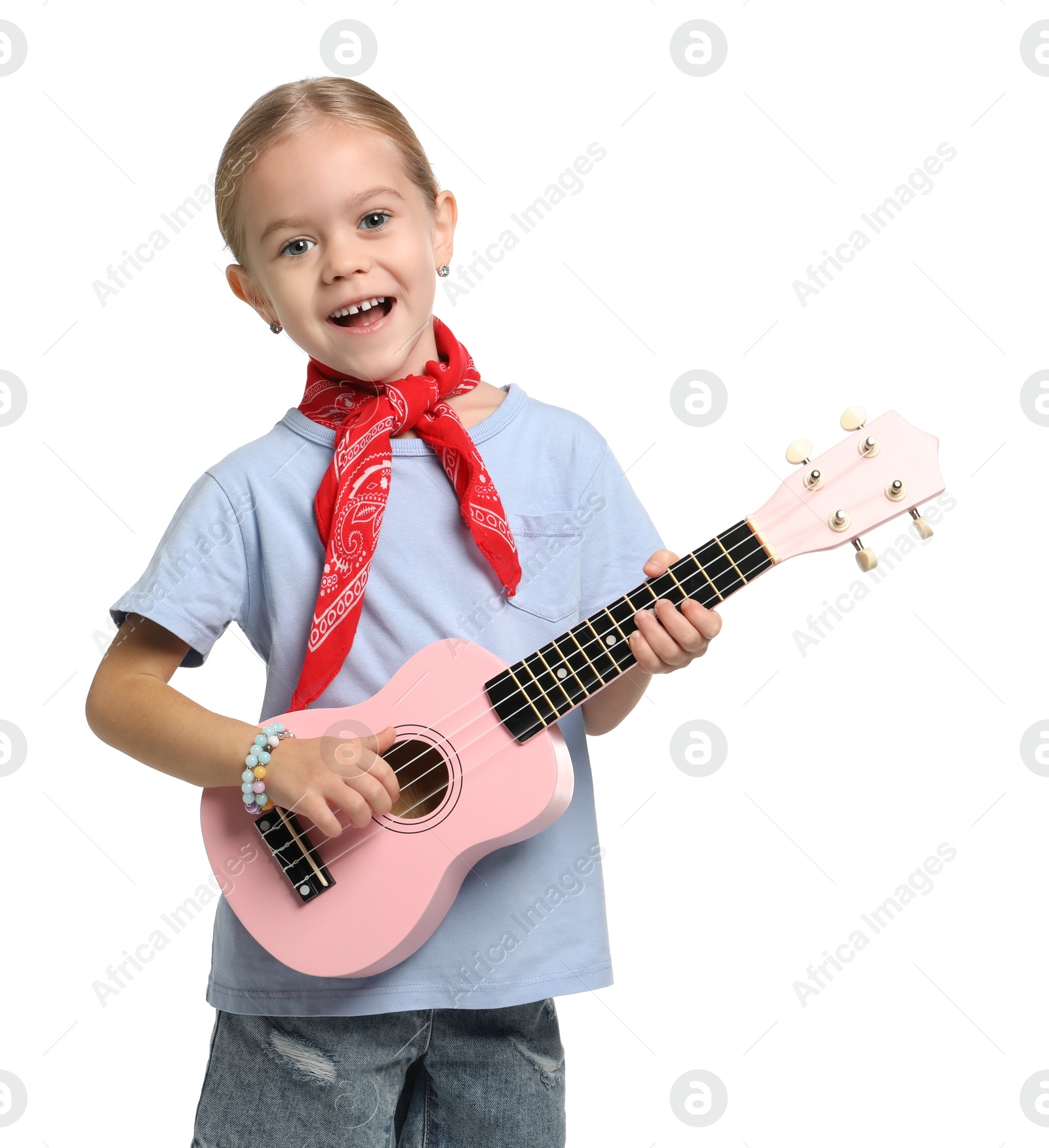 Photo of Little girl playing ukulele on white background