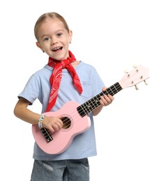 Little girl playing ukulele on white background