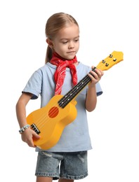 Photo of Little girl playing ukulele on white background