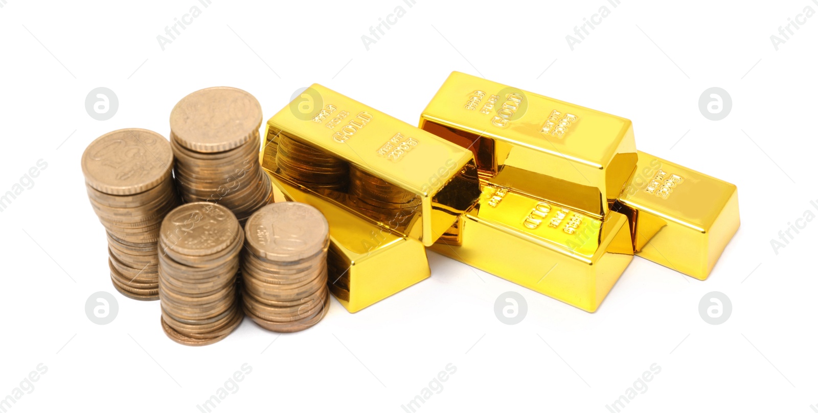 Photo of Gold bars and coins isolated on white