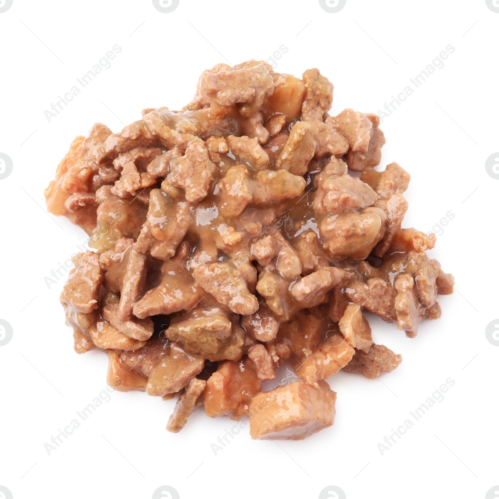 Photo of Pieces of wet pet food isolated on white, top view