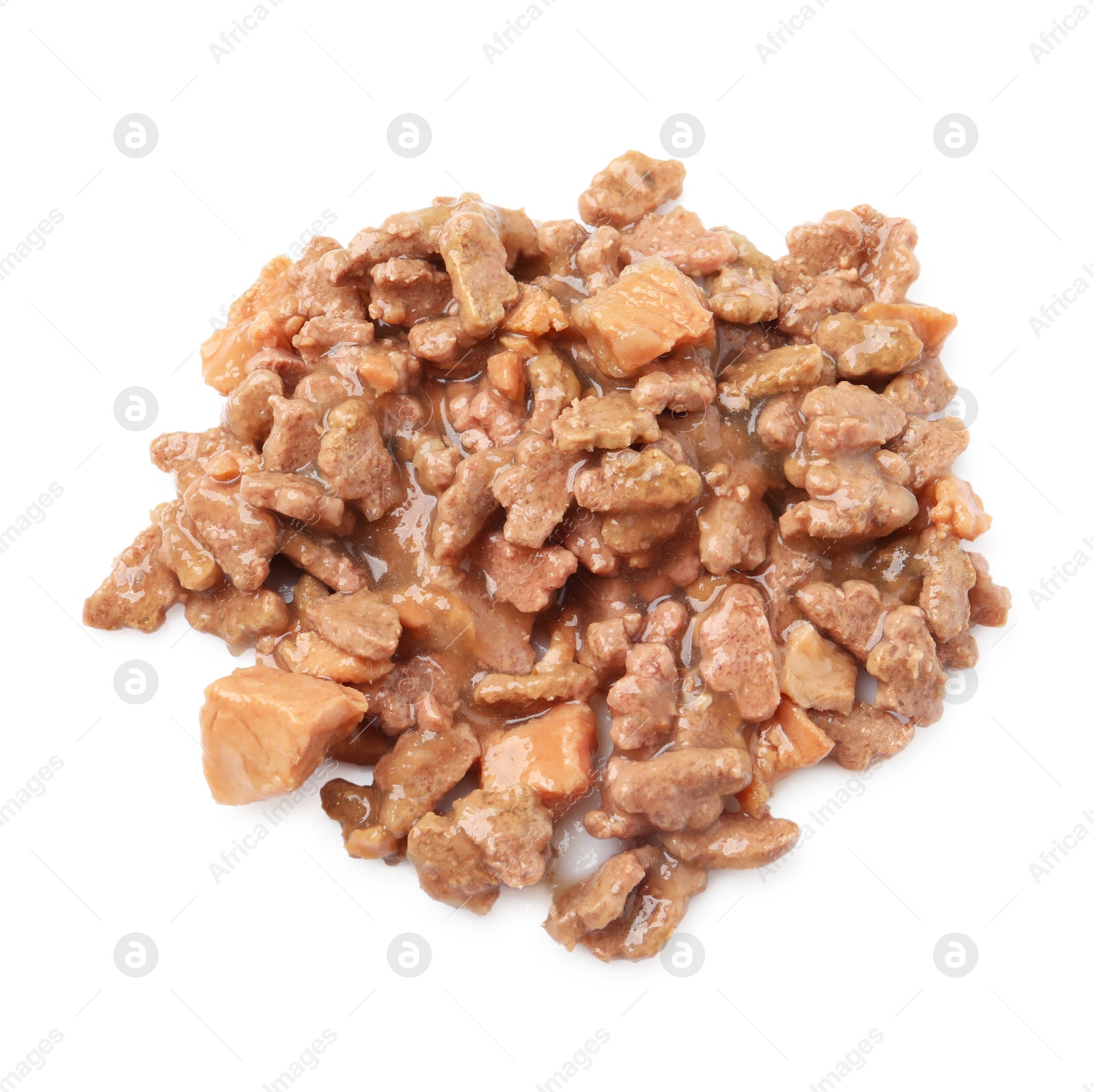 Photo of Pieces of wet pet food isolated on white, top view