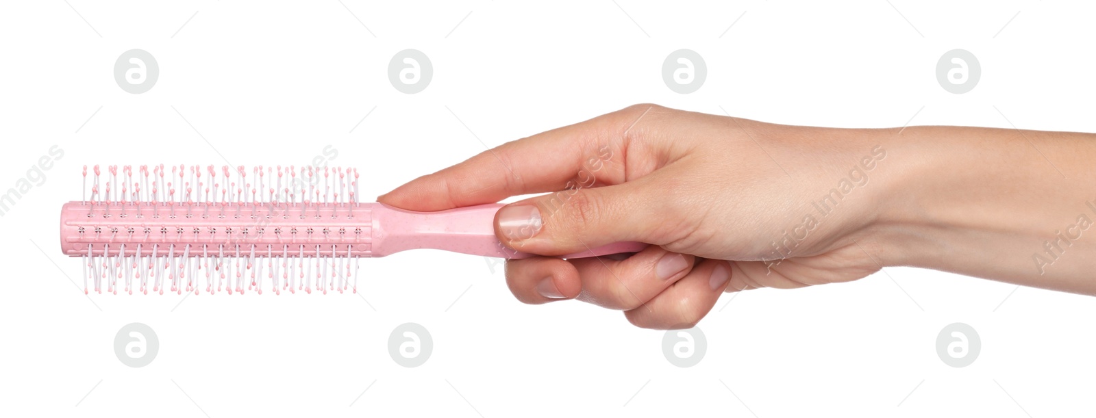 Photo of Woman with round pink hair brush on white background, closeup