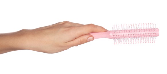 Photo of Woman with round pink hair brush on white background, closeup